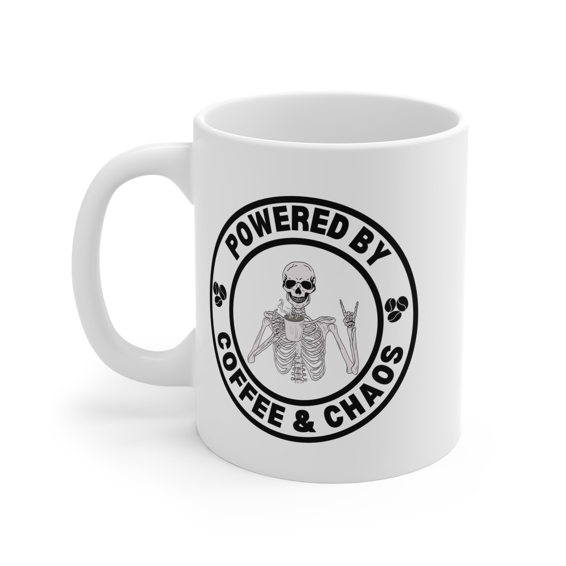 Coffee & Chaos Skull Badge Mug 11oz – anime drinkware by Mikey19921