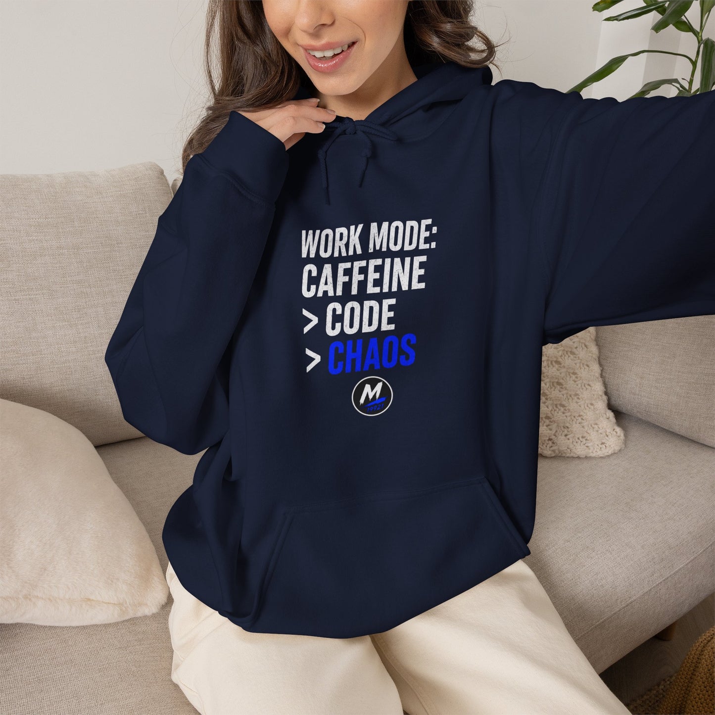 Work Mode Hoodie – Caffeine. Code. Chaos.
